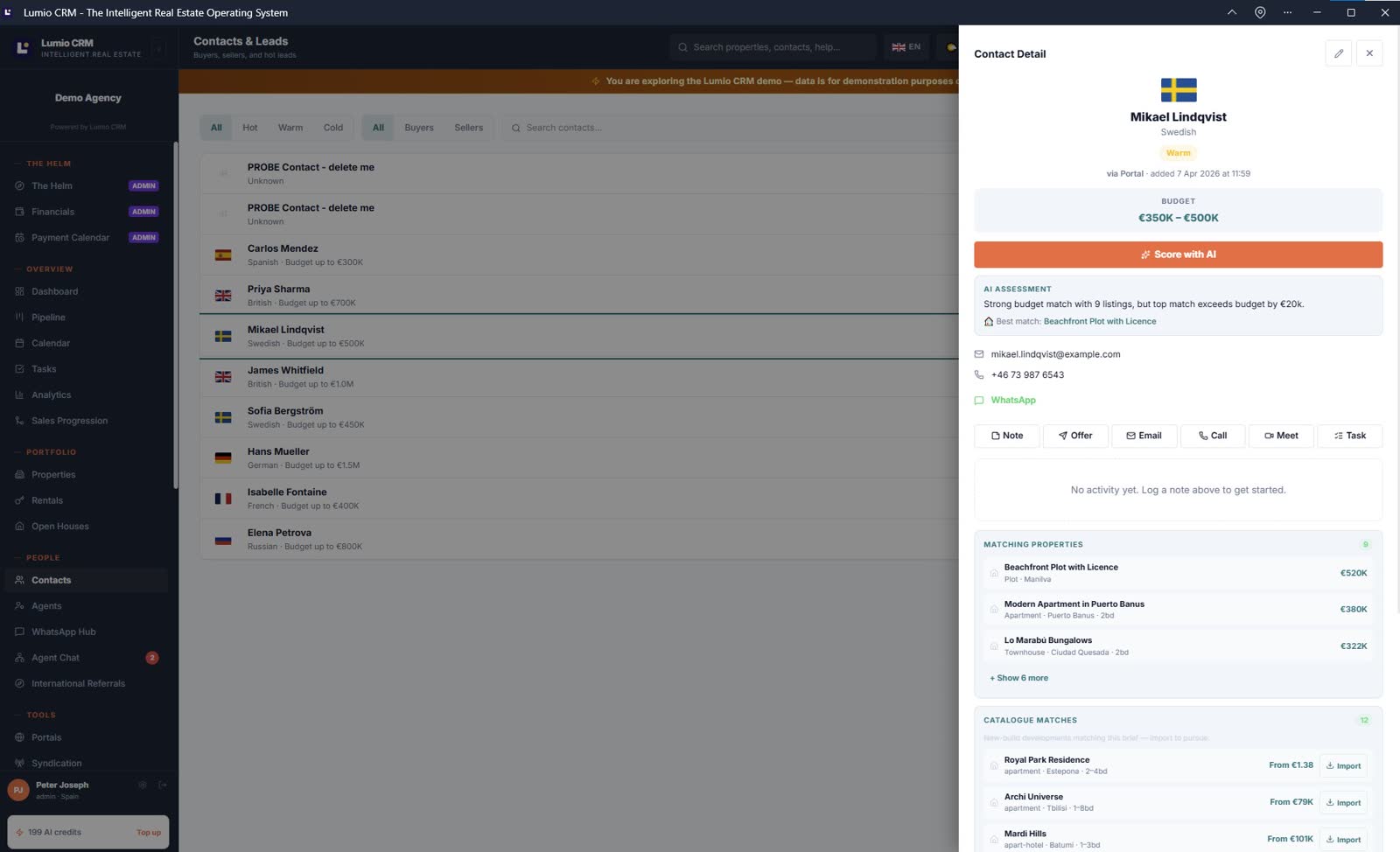 Client cards with AI scoring and matches